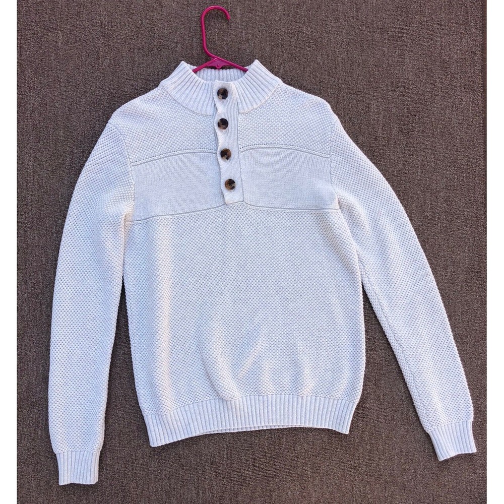 Izod pullover knit sweater 3/4 collar grandpa cream ecru mens unisex medium